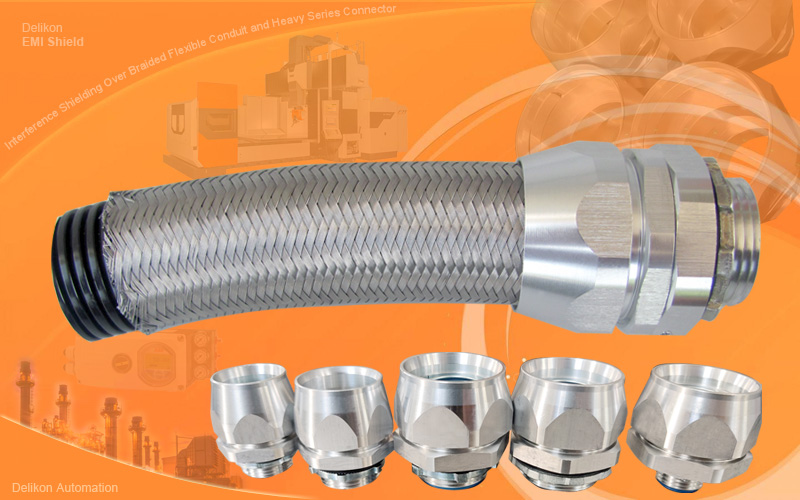 [CN] DELIKON emi rfi esd shielding over braided flexible corrugated nylon conduit SWIVEL connector for electric vehicle factories EV battery factory automation 